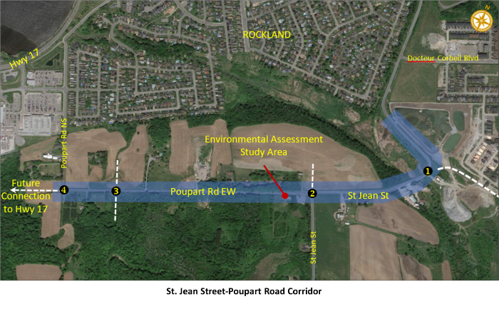 Aerial view of proposed road corridor in a green and urban area.