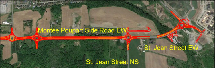 Aerial map with highlighted road routes in red.