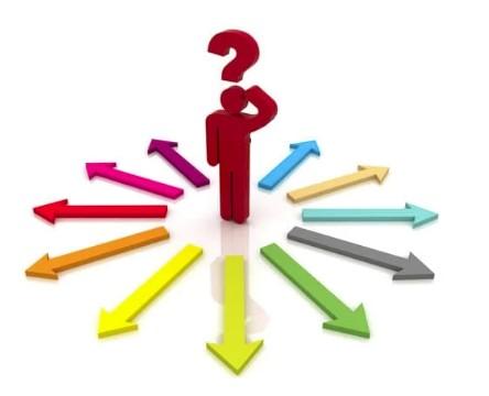 Une silhouette rouge avec un point d'interrogation entourée de flèches colorées.