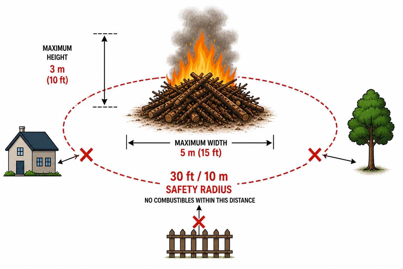 Illustration of a large outdoor burn pile with flames and smoke, surrounded by a dashed circular safety zone. Icons of a house, tree, and fence (property line) are placed outside the circle, each marked with a red “X” if too close. The diagram shows maximum height (3 m / 10 ft) and maximum width (5 m / 15 ft), along with a labelled 30 ft / 10 m safety radius indicating no combustibles allowed within that distance.